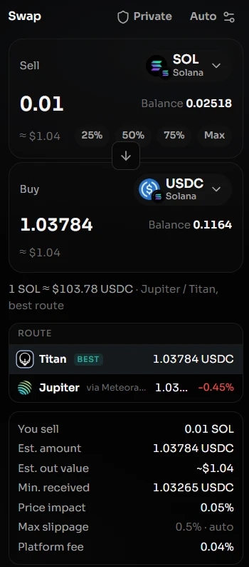 Swap panel selling SOL for USDC with Titan as the best route