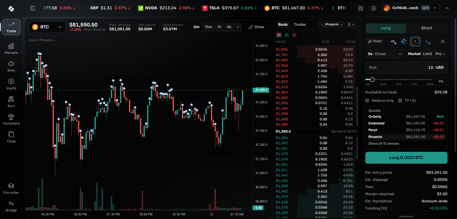 Angler Trade with the chart, order book, and order panel in one workspace
